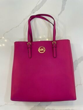 Michael Kors Raspberry Leather Tote with Gold Logo